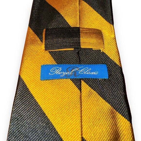 Tom James Royal Classic Black & Gold Rep Stripe Silk Tie - Picture 3 of 6